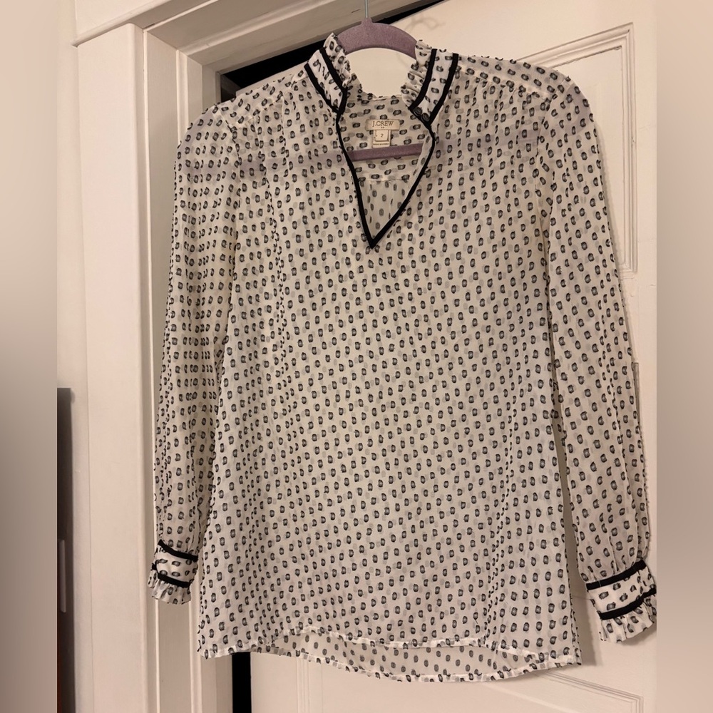 J. Crew Sheer White Blouse with Black Pattern